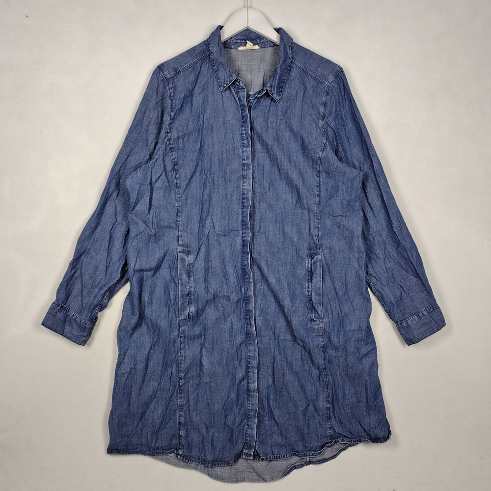 Eileen Fisher Blue Tencel Cotton Denim Long Sleeve Shirt Dress XL Pocketed